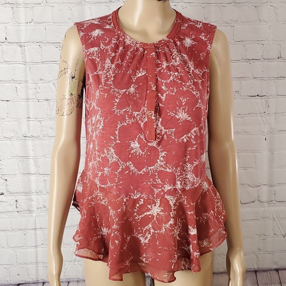 Lucky Brand Sleeveless Terracota Floral Poppies Flowy Button Neck Tank Sz M - Picture 3 of 14